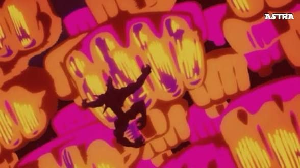 Sky full of fists obliterating a shadowed figure: taken from the anime my hero academia 