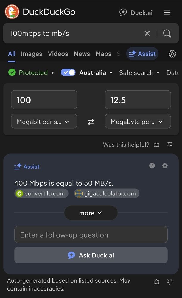 duckduckgo search
"100mbps to mb/s"
conversion calculator says 100 megabits per second is 12.5 megabytes per second
ai assist: "400mbps is equal to 50 MB/s"
