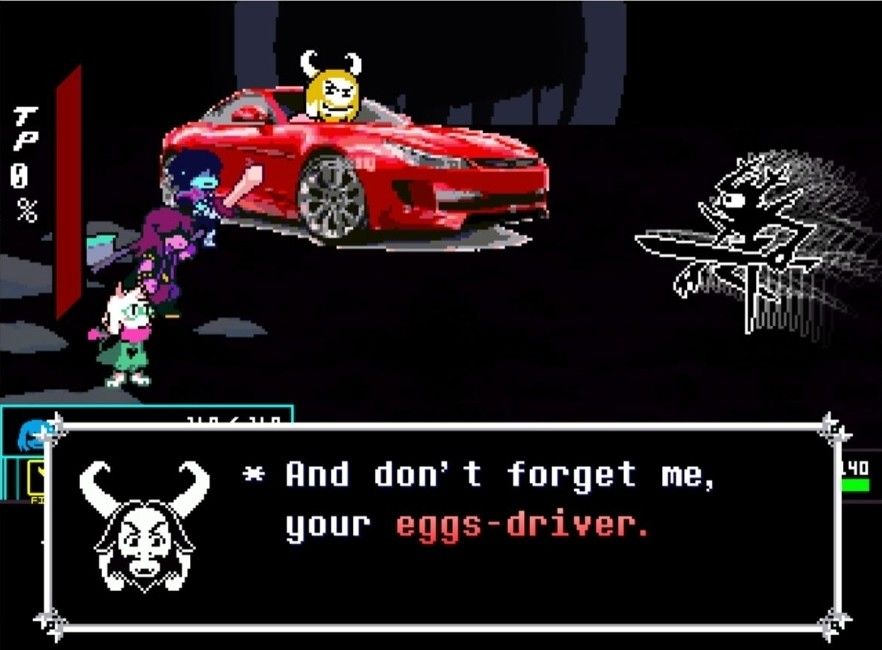 asgore in a car, the roaring knight is standing to the right
asgore : "And don't forget me, your eggs-driver"