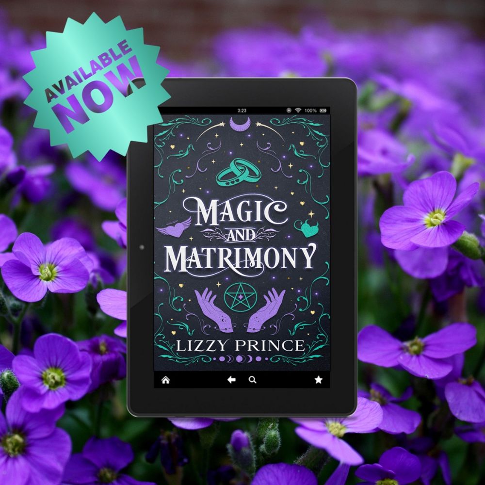 An ereader with the cover of Magic and Matrimony by Lizzy Prince on it. The background is purple flowers. 