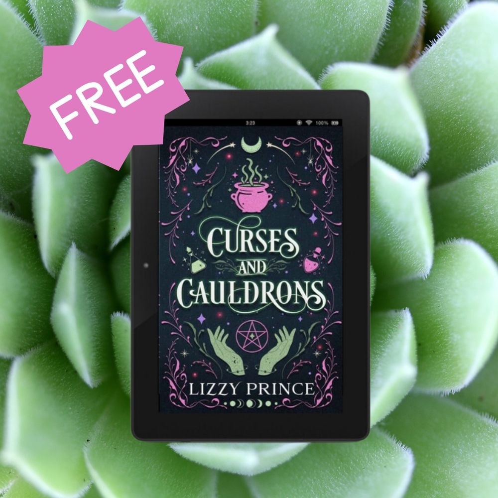Ereader with the book Curses and Cauldrons by Lizzy Prince on the cover. The word free in the corner. 