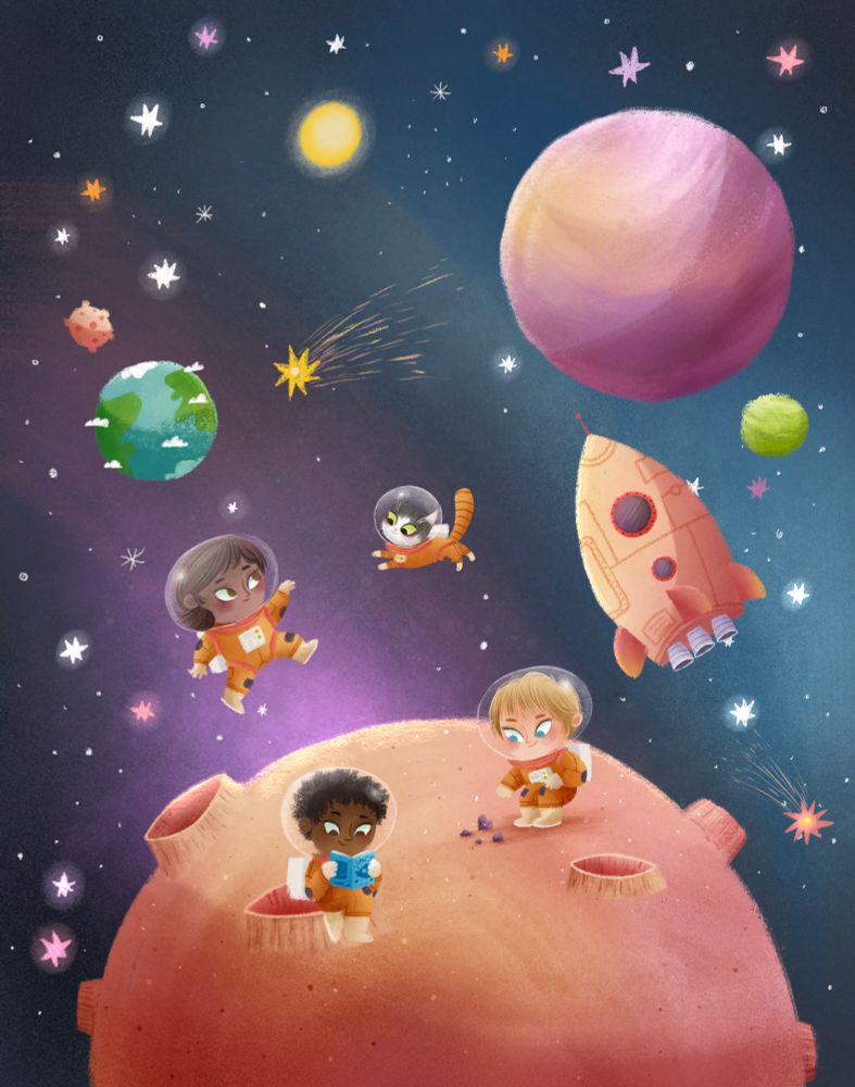 A scene set in space. Children in spacesuits play on an orange moon. A cat is floating next to a spaceship. There are stars and planets in the background. 