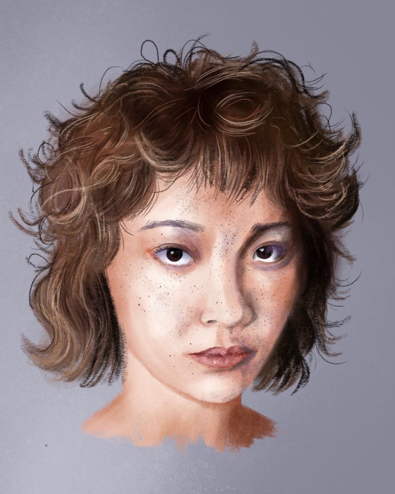 A digital portrait of an asianyoung woman. She has chin length wavy hair and is looking at the viewer