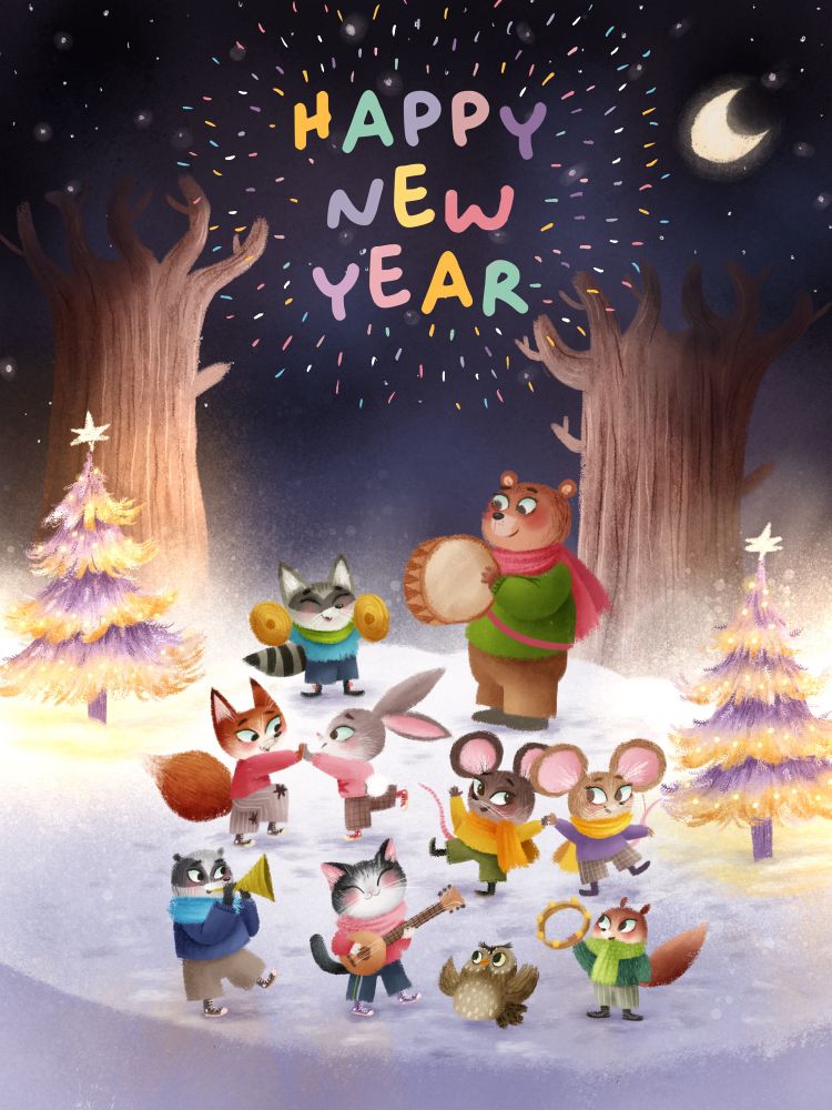 Forest animals celebrate the new year playing instruments and dancing in the snow. Happy New Year is written in the sky in bright colours. 