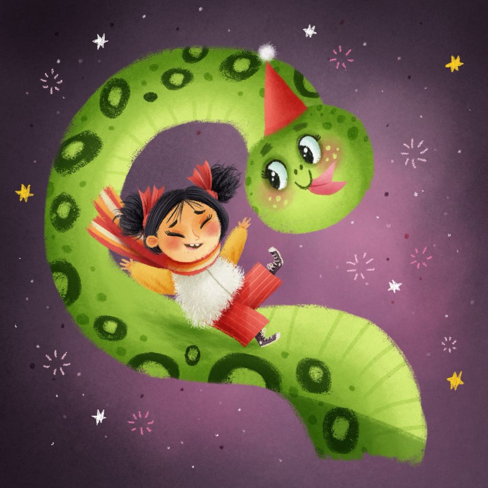 A cute chinese girl slides down the back of a giant but cute and friendly looking snake. Her hair is ties in buns withred ribbons. There are stars and fireworks in the background. 