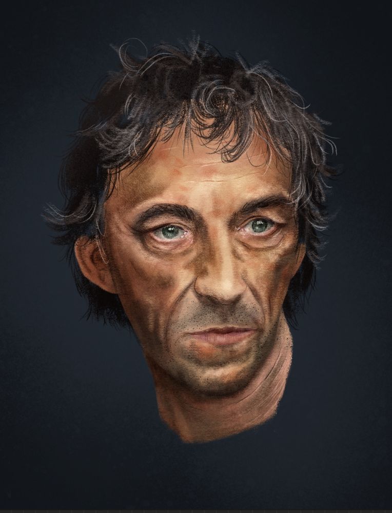 Digital portrait of a late middle-aged man. He has short dark hair, blue eyes and lots of wrinkles. On a dark background. 