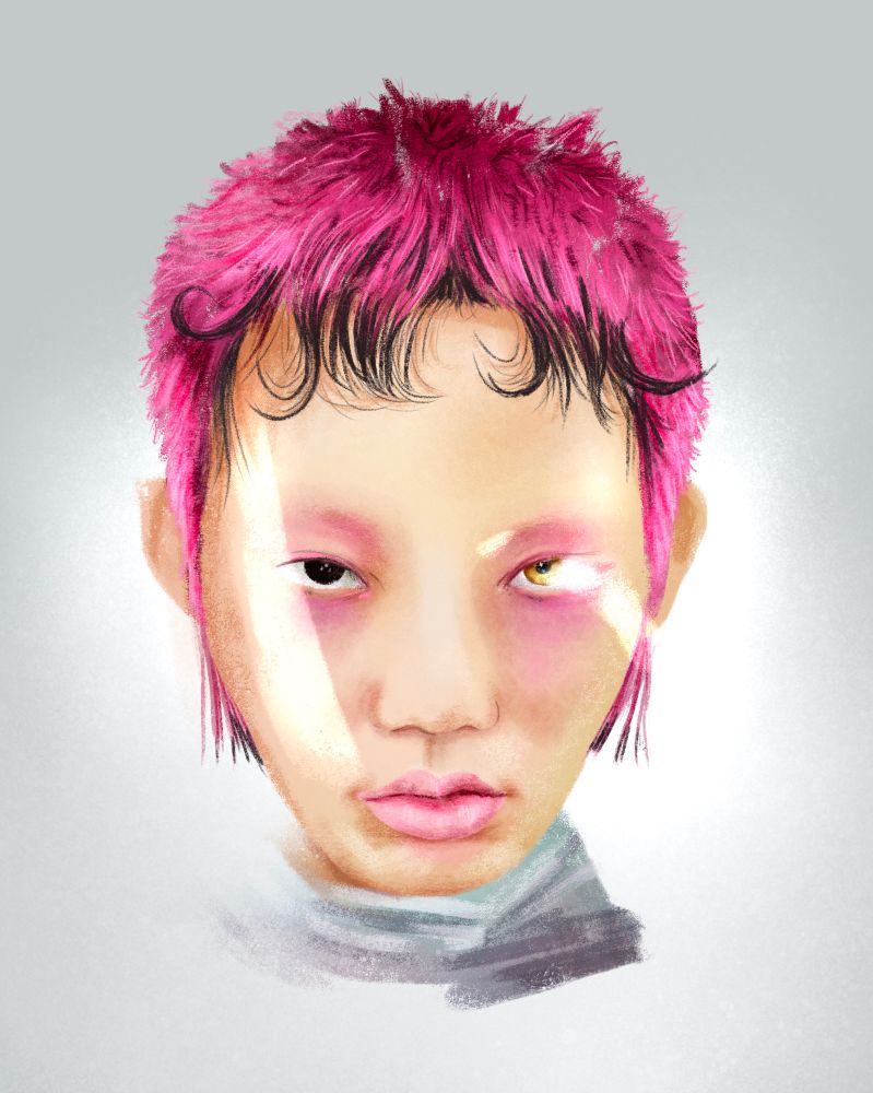 A digital portrait of an asian androgynous person. They have short pink hair, with black streaks on their fringe. Bright lights are shining on their face. 