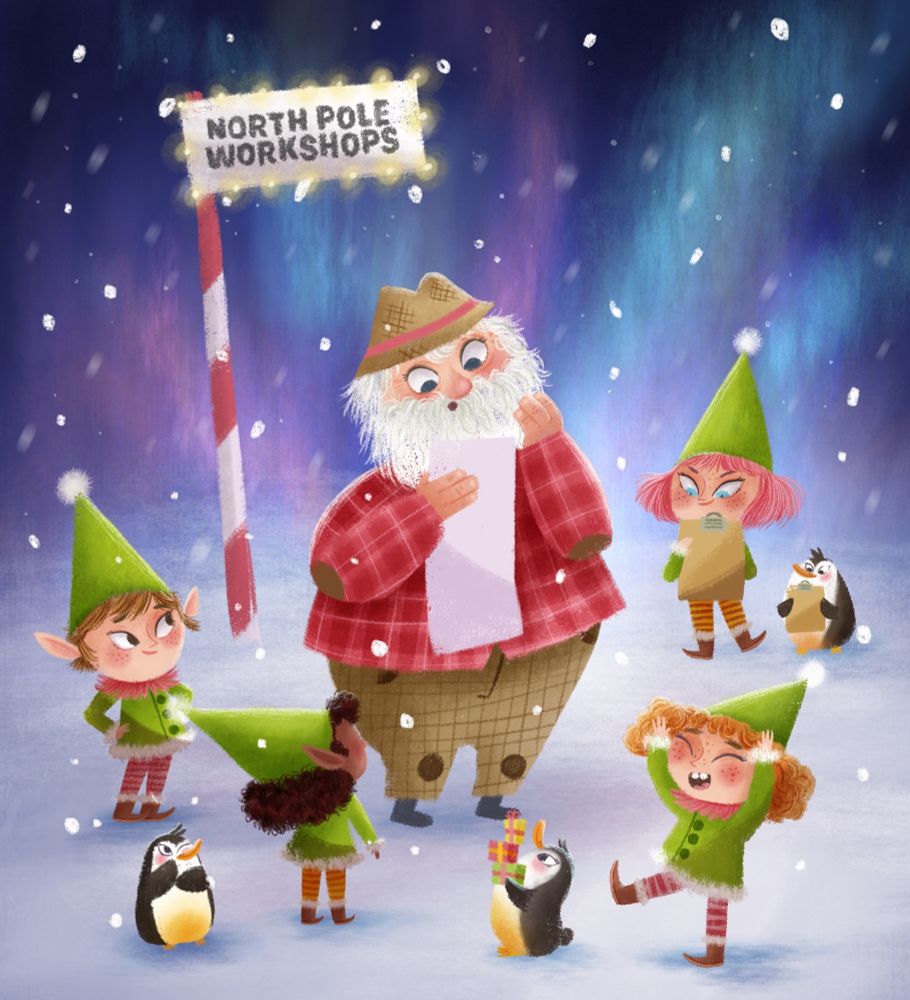 An illustration of santa and elves at the north pole, with penguins and the northern lights in the background. Santa is dressed down, wearing a check shirt and brown trousers. 