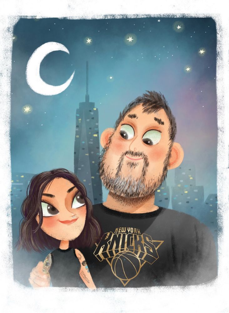An illustration of a couple with New York in the background. 