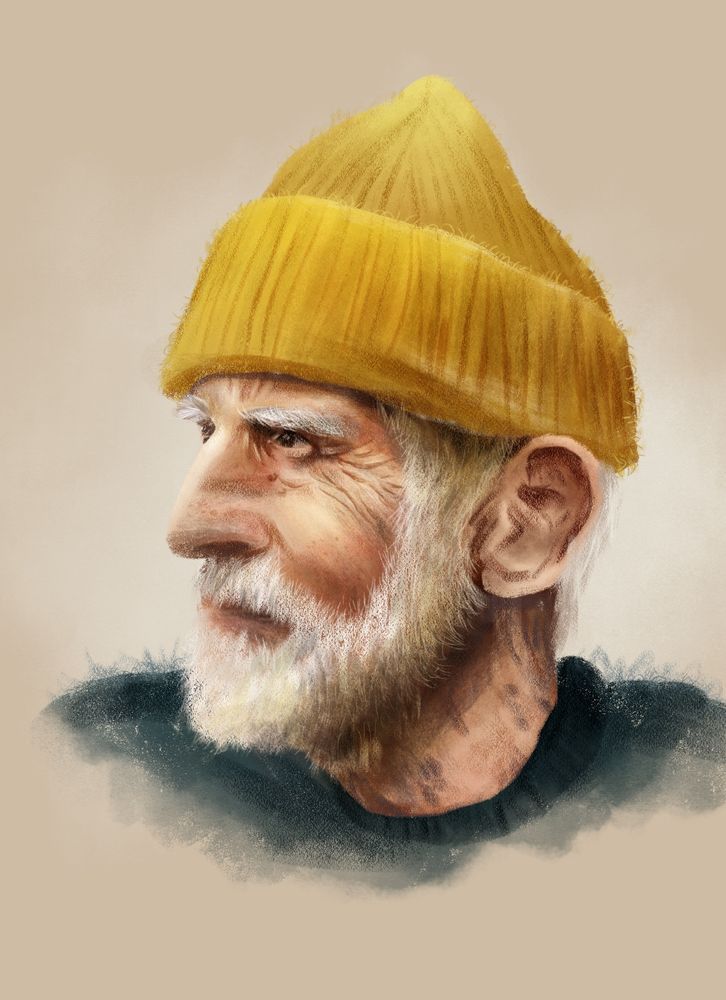 Digital painting of an older man lookingto the side. With a white beard and yellow beanie.  