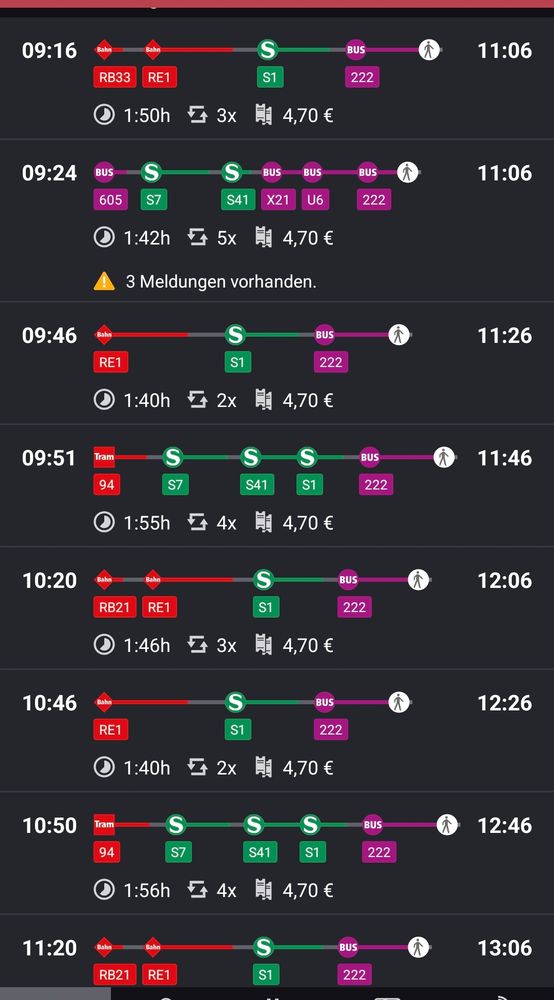 Ein Beispiel für die Fahrstrecke per Öffis von mir zu meiner Schwester an einem Samstagmorgen. Die kürzeste Variante sind 1:40 Std. mit 2x Umsteigen.
