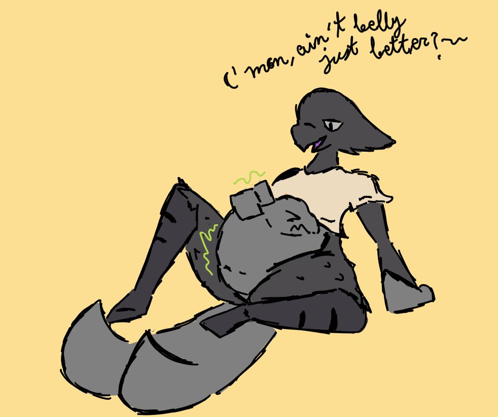 Mar sitting with their full gut, seeing that they still struggle a bit, they try to relax them by caressing and telling them that belly is just better than date