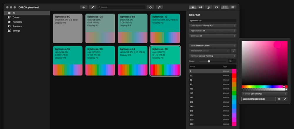 A screenshot of the Pinwheel Mac app, showing the colour picker open with a pink colour displayed in OKLCH format.