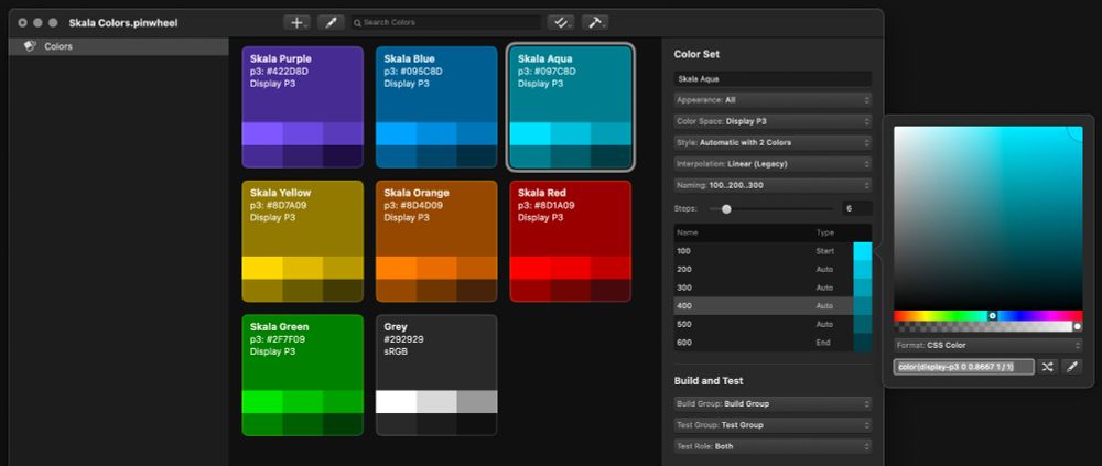 A screenshot of Pinwheel, a new Mac app by Bjango. The screenshot shows a Pinwheel document, full of bright gradients and the user interface to generate the gradients.