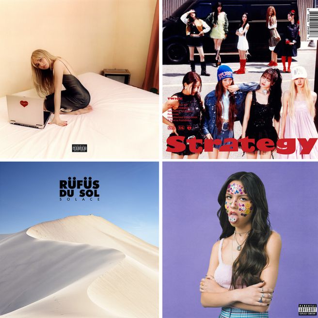 Four album pictures. Albums are "Emails I Can't Send" by Sabrina Carpenter, "Strategy" by Twice, "Solace" by Rüfüs Du Sol, and "Sour" by Olivia Rodrigo.