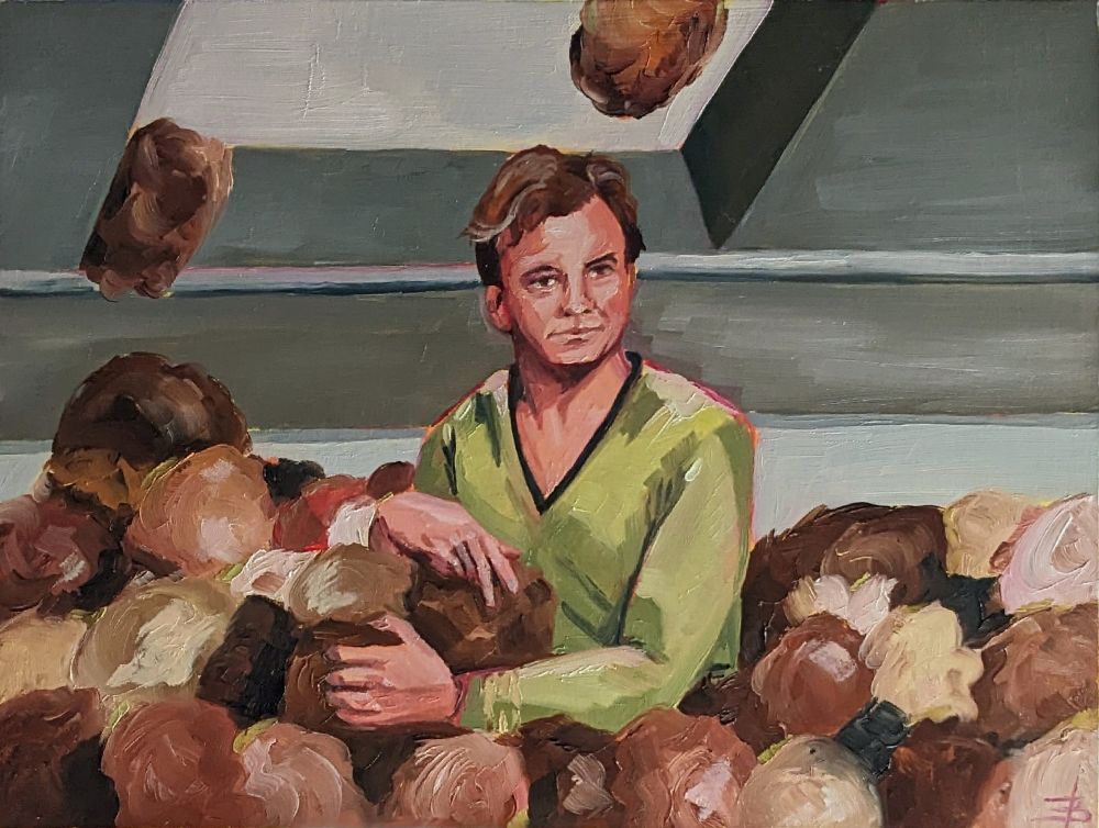 Oil painting of a shot from the Star Trek episode "The Trouble With Tribbles". Captain Kirk is sitting in a pile of puff balls of different shades of brown. He's wearing his green uniform top and looking at someone off frame with a sarcastic/exasperated look. The painting is realistic , but the brush strokes are loose and messy