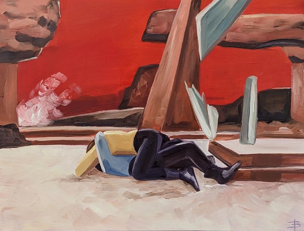 Oil painting of a screenshot from the Star Trek episode "Amok Time". The sky is blood red. Warm brown geometric rock formations fill the background, coming to a stop at a set of low rock stairs. Kirk and Spock are wrestling in the sand in the foreground, with Kirk pinning Spock to the ground beneath him. Neither of their faces are visible. The paint strokes are loose and thick, the strokes themselves clearly defined (not blended).