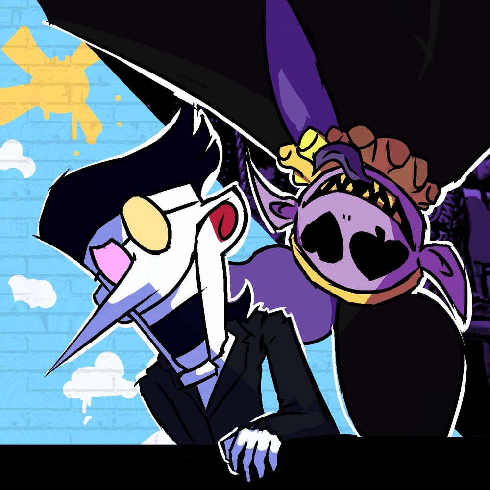 Drawing of spamton and jevil with spamton's shop and jevil's carousel as the background