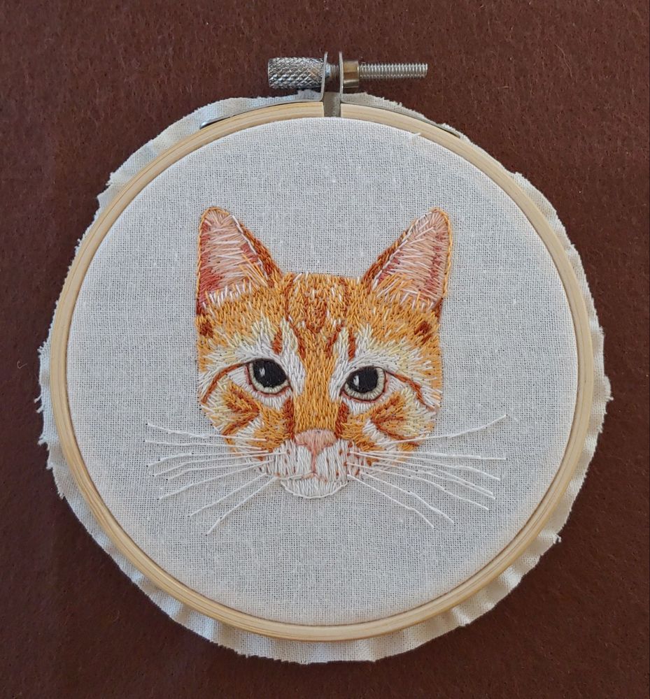 Wooden embroidery hoop holding white fabric, embroidered with an orange tabby cat's face.
