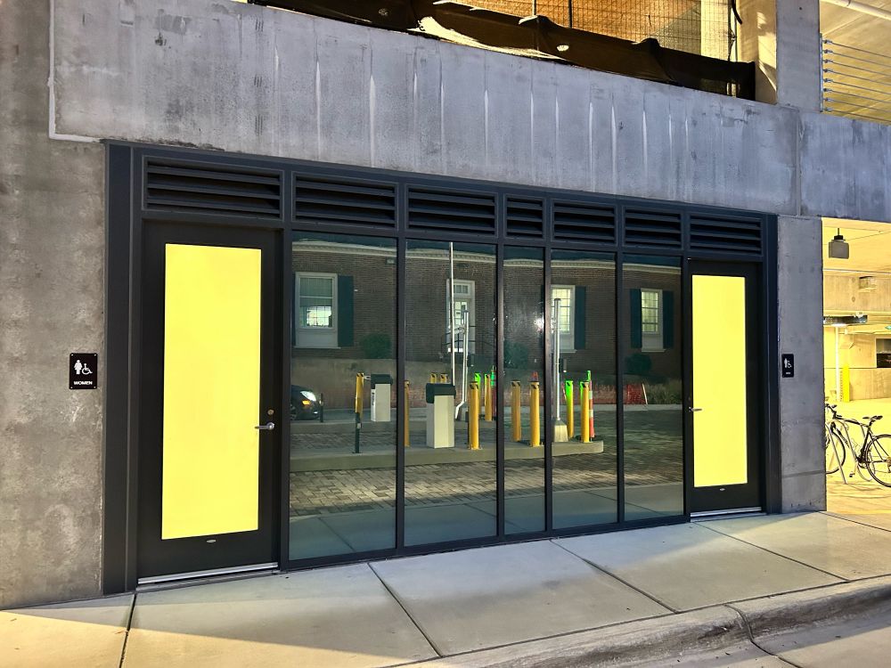 The public restrooms in Chapel Hill’s new parking deck on Rosemary Street. 