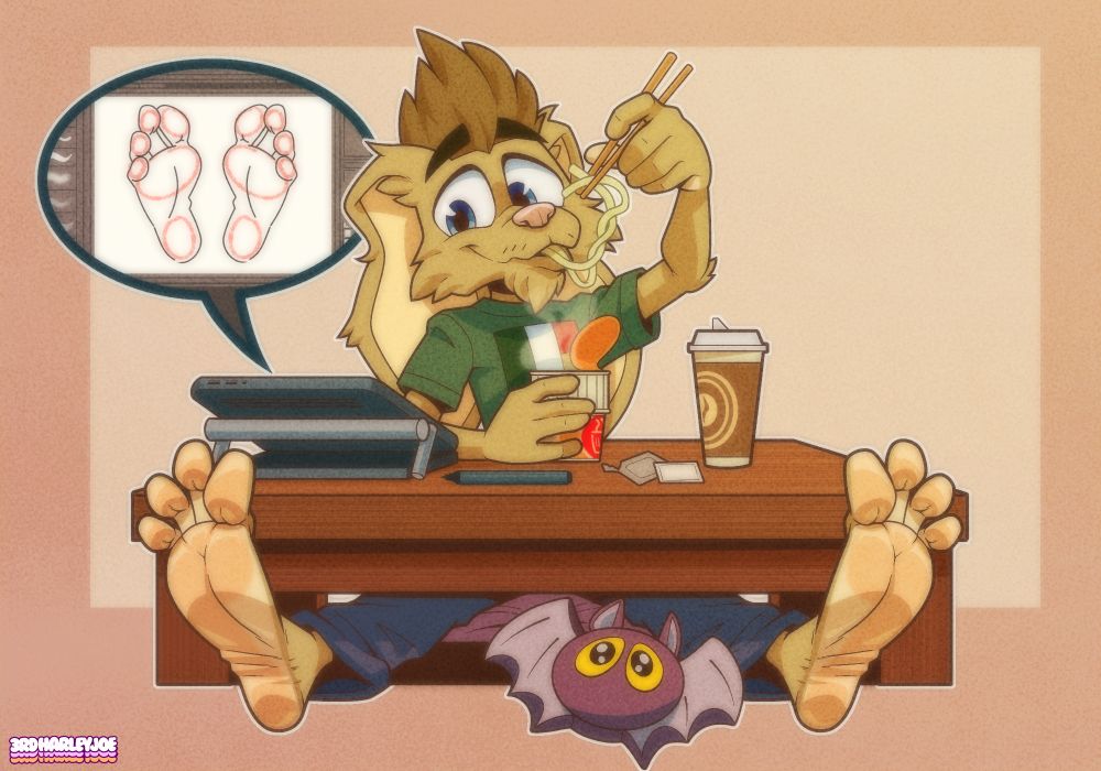 anthro rabbit (Joseph) drawing feet on his tablet, while slurping noodles, legs outstretched under the table with his feet poking out