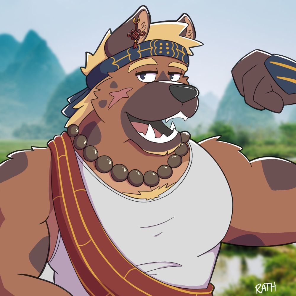 Hyena with blonde hair dressed in a monk-inspired outfit, flexing a bicep while mid-sentence 