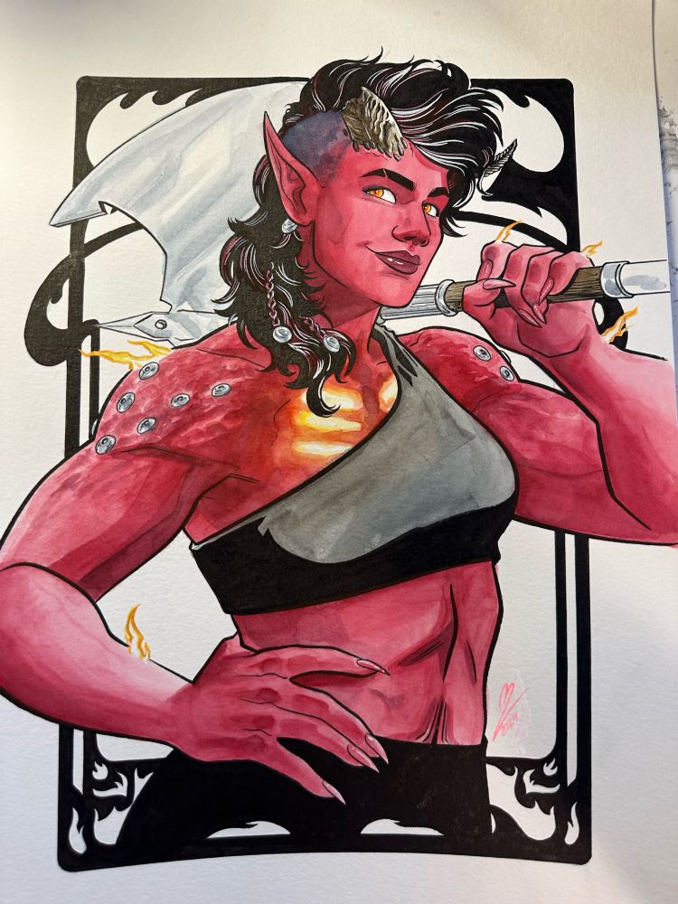 Watercolor painting of Karlach Cliffgate from Baldur’s Gate 3, posing with her axe over one shoulder