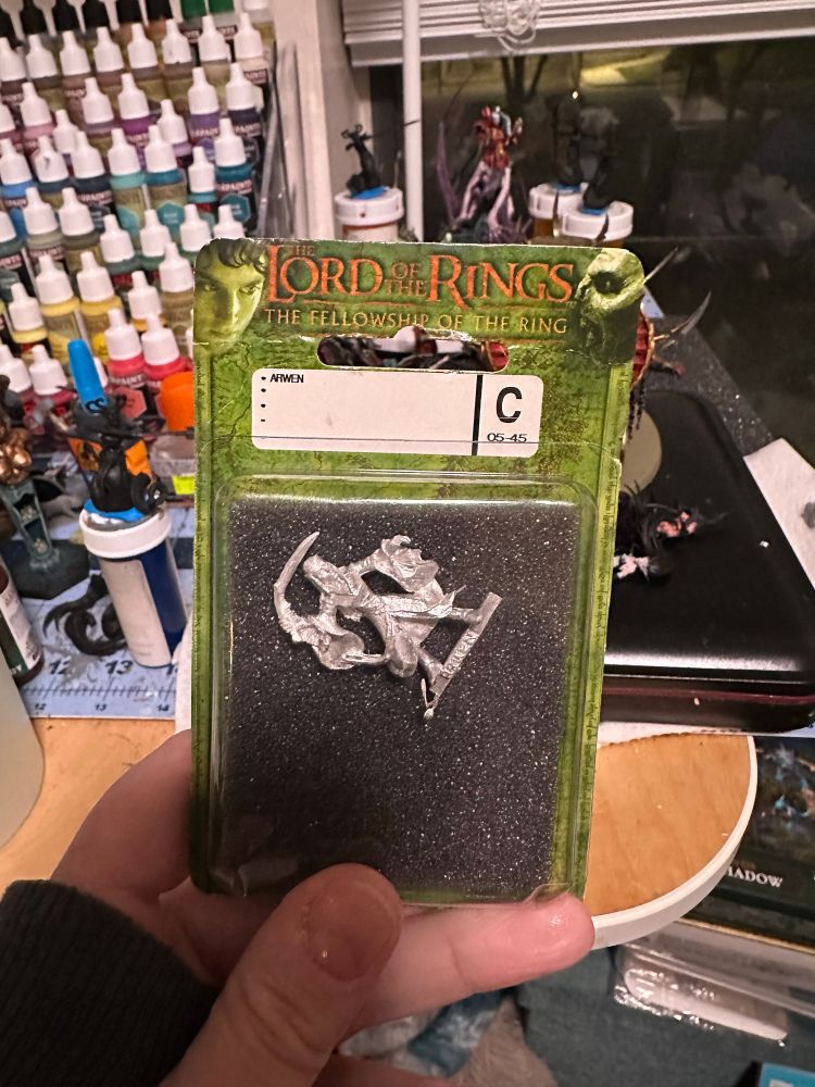 A hand holding a blister card with a 2000s era citadel miniature of Arwen from Lord of the Rings 