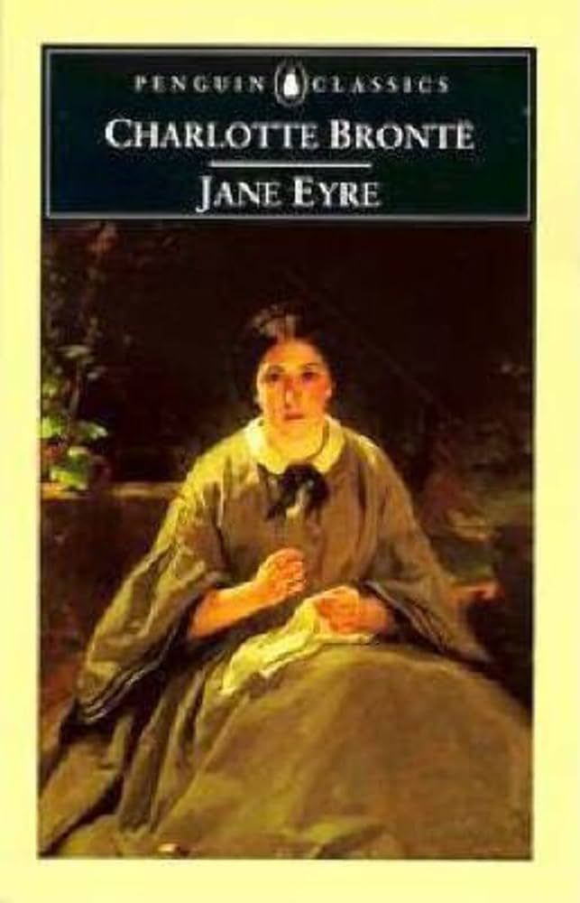 A cover of Jane Eyre by Charlotte Brontë. This is the penguin classics cover with an illustration of Jane looking directly at us. She is wearing a brown dress and looks like she's sewing something 
