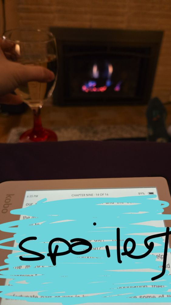 An e-reader is in the foreground with the screen hastily drawn over via photo editing. The word "spoilers" is written over the blocked out e-reader screen. A cup of wine is held up behind it, and in the background can be seen a fireplace with a lit fire.