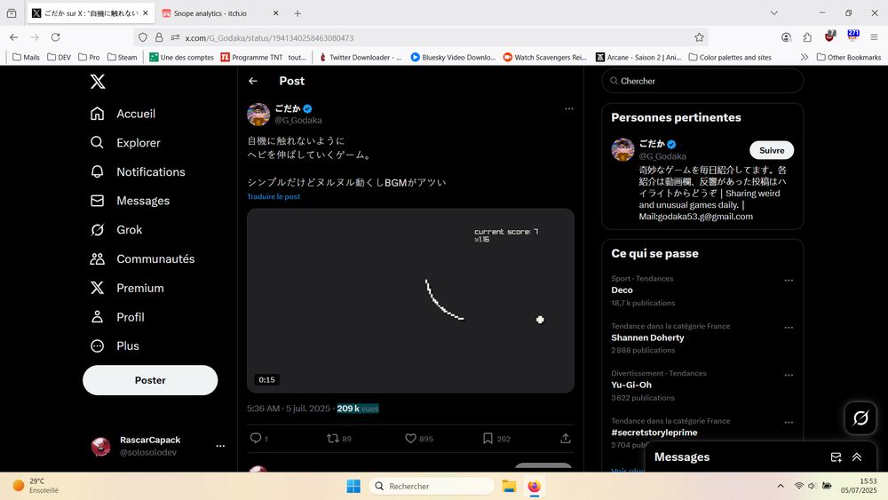 the X post showing my game, it has 209k views 