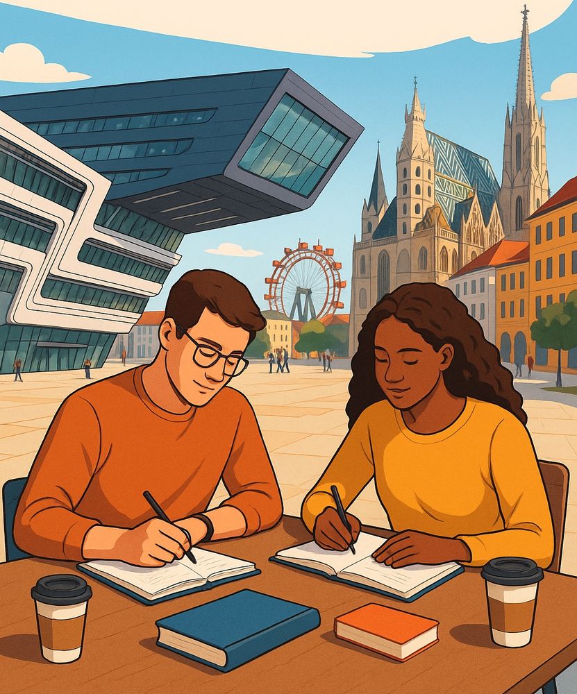 Two PhD students studying at a desk, with the WU Vienna library building and the cityscape of Vienna in the background.