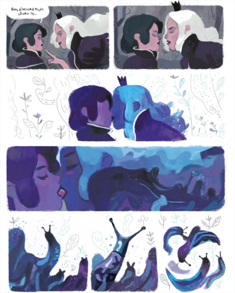 Planche de "Peau de Mille Bêtes" : l'héroïne et un jeune garçon s'embrasse et leurs langues se transforment en limaçons.