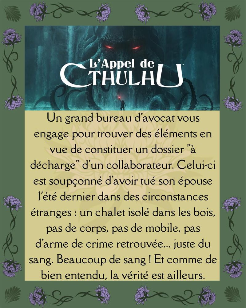 Un grand bureau d'avocat vous engage pour trouver des éléments en vue de constituer un dossier "à décharge" d'un collaborateur. Celui-ci est soupçonné d'avoir tué son épouse l'été dernier dans des circonstances étranges : un chalet isolé dans les bois, pas de corps, pas de mobile, pas d'arme de crime retrouvée... juste du sang. Beaucoup de sang ! Et comme de bien entendu, la vérité est ailleurs.