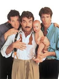 Promotional image from movie "Three Men and a Baby" 
Shows stars Steve Gutenberg, Ted Danson, and Tom Selleck