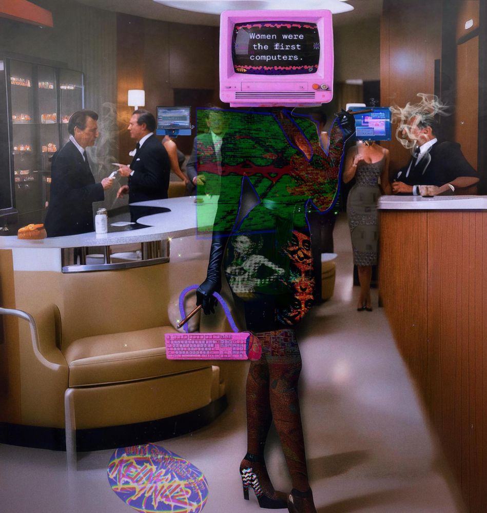 80s office fashion, old retro computers with live edited graphics for clothing, surrounded by aristocratic men that over sexualize and demonize technology and women