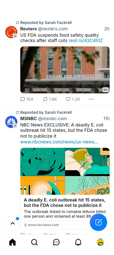 Two posts, one from Reuters talking about layoffs at FDA leading to suspension of food quality cuts, the other from MSNBC about a deadly E. Coli outbreak 