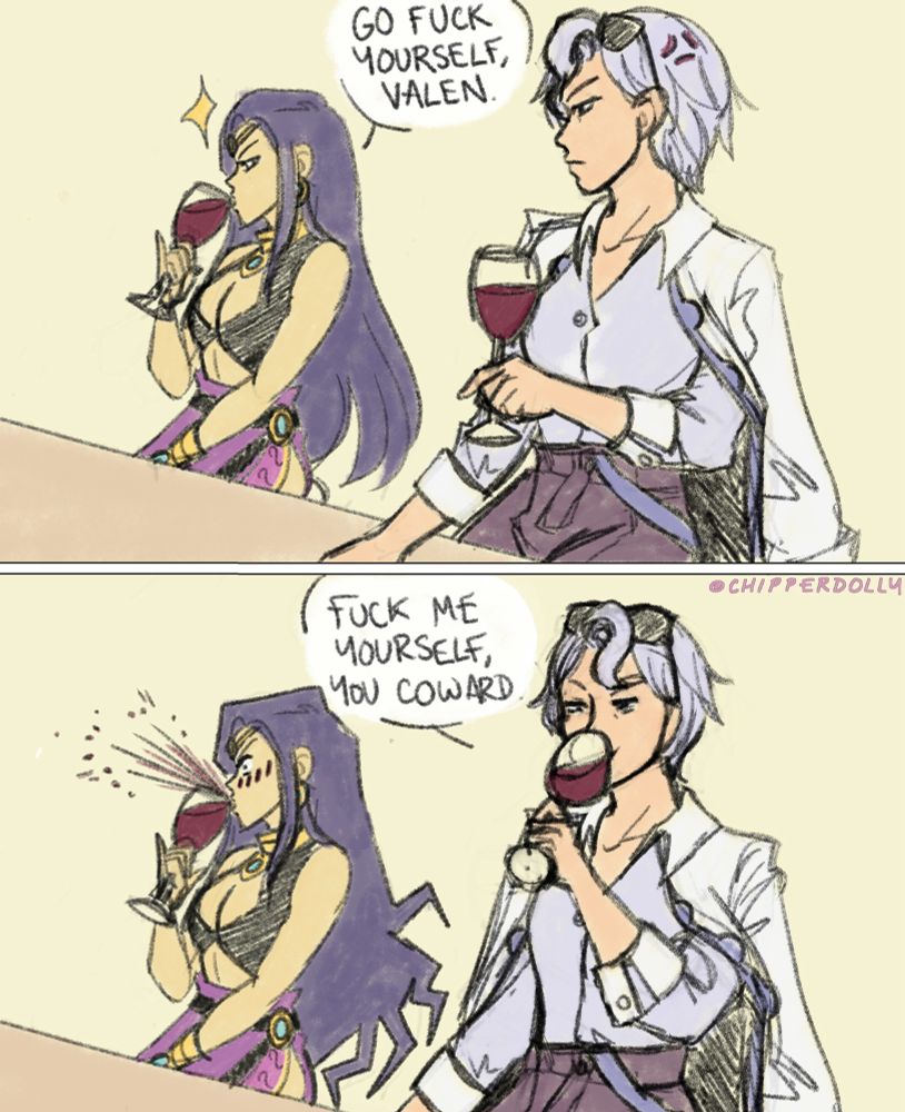 Two-panel comic featuring Juniper and Valen from the game Fields of Mistria.
Panel 1: Juniper and Valen are sitting at the bar drinking wine. Juniper, looking cocky, says “Go fuck yourself, Valen.” Valen looks annoyed.
Panel 2: Valen calmly takes another sip of her wine and replies, “Fuck me yourself, you coward.” Juniper does a spittake, looking flustered.