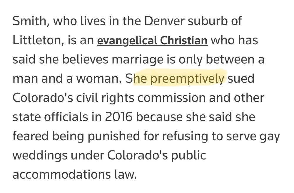 A snippet from a Reuter’s article with the word preemptively highlighted.  Full text here:

https://www.reuters.com/legal/us-supreme-court-rule-web-designer-with-anti-gay-marriage-stance-2023-06-30/