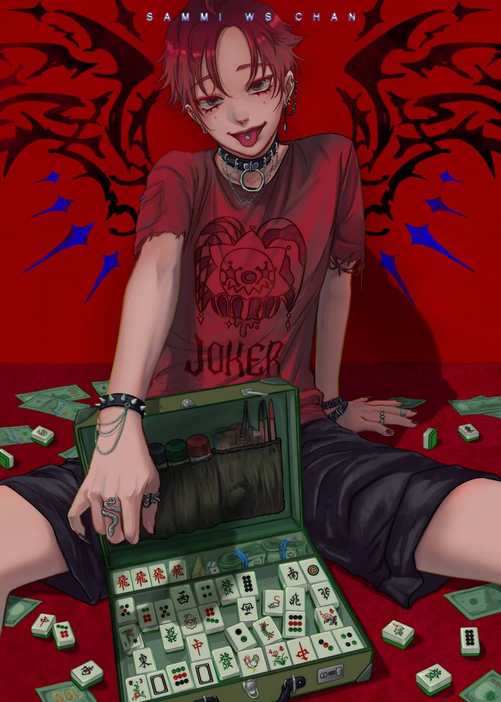 A red-haired characters wearing a t-shirt with a joker icon sitting on the ground with a Mahjong case opened in front of him. He wears a mischievous expression with his tongue sticking out. There are Mahjong tiles and 100 USD Dollars scattered around him. Behind him are sharp and jagged shapes forming an image of wings.