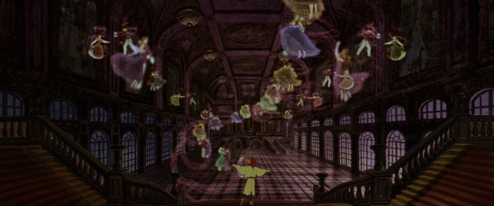 Image tirée du film Anastasia (1997) de Don Bluth et Gary Goldman.
Plan d'ensemble de la salle de bal du palais de Saint-Pétersbourg, où Anastasia imagine les cérémonies qui ont pu s'y tenir : des fantômes de danseurs sortent des vieux tableaux et rejoignent la piste de danse.