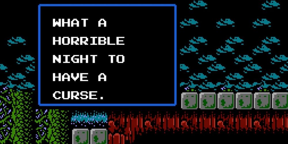 A screenshot of a retro video game with  text "WHAT A HORRIBLE NIGHT TO HAVE A CURSE."
