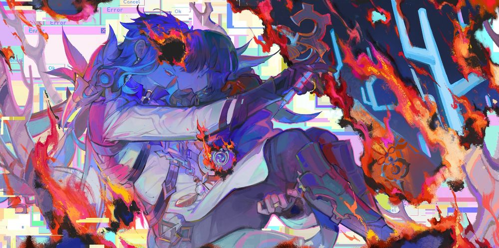 wanderer carrying dottore in bridal style while dottore aims a syringe at his back. Their faces close, almost kissing. Burning Irminsul branches and realities seemingly collapsing around them.