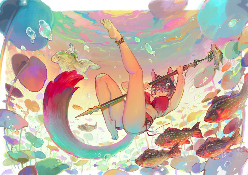 Farryen is holding a spearfishing gig, swimming in a lake surrounded by various fishes and underwater plants. Fandaniel is watching over them in the background, riding a Punutiy.