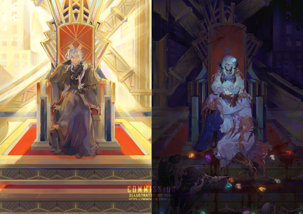 Illustration depicting Azem and the Warrior of light. On the left side, Azem sits in a throne, basking in golden light. On the right, the wol sits in a broken throne in darkness, holding Elidibus while convocation stones and defeated ascians lie at their feet.  