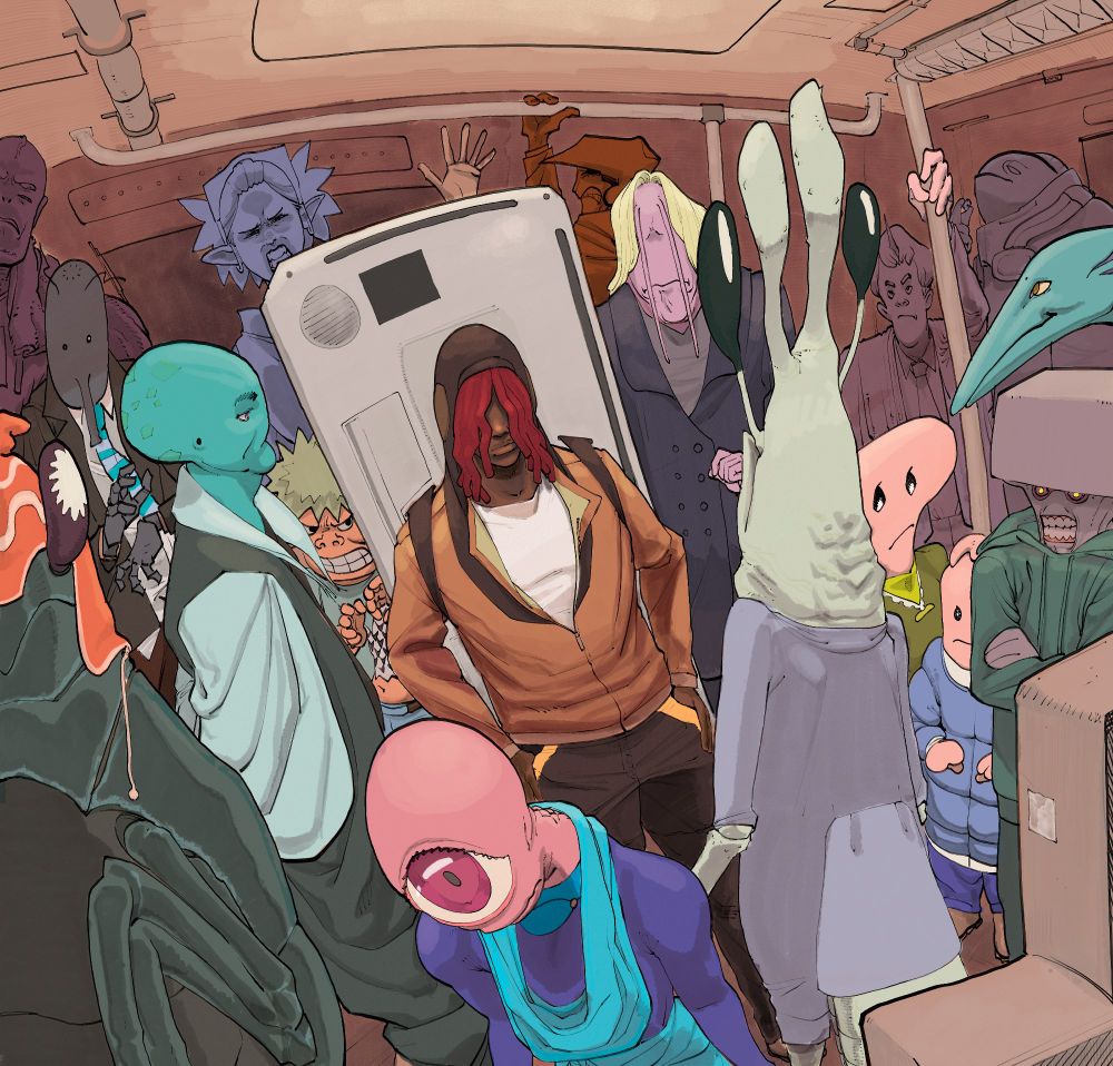 about 14 dudes in an alien rail car