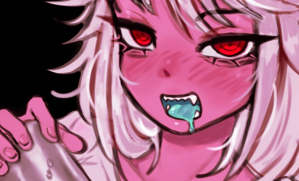 digital painting of a pink anime demon girl's face, she is drooling.