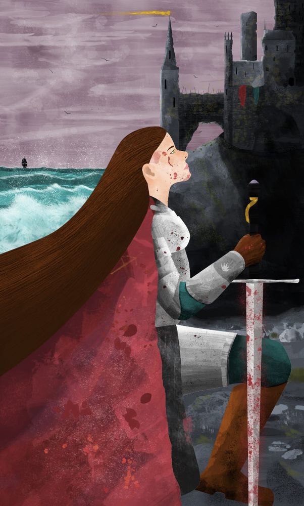 A knight kneels with a castle and sea in the background, holding her longsword.