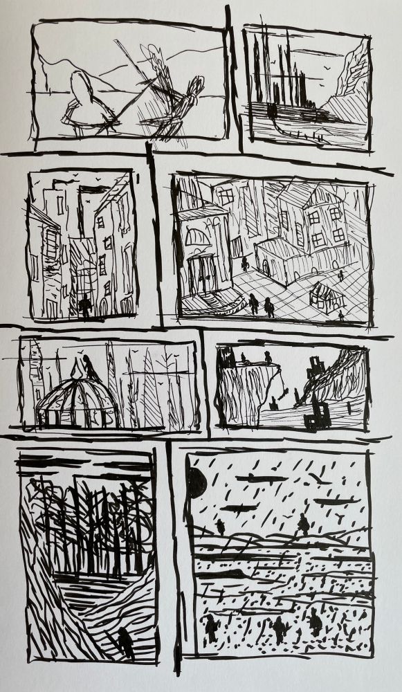 8 fantasy rpg scenes depicting in sequence 1. Two knights fighting 2. A walled gothic city 3. An alleyway of city building leading to a portcullis 4. A view of a fantasy town square with grand buildings 5. A gothic city skyline 6. A cliff overlooking a valley, with an adventurer abseiling off the edge 7. A forest treeline with hills and a wanderer in the foreground 8. A marshland in the rain, with wanderers attempting to transverse it, with hills on the horizon.