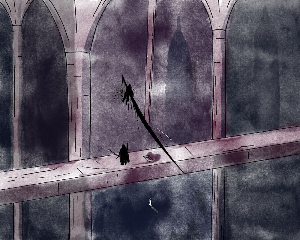 An adventurer is swept from a thin bridge by a swinging blade in a giant hall. Their torch and spear falls as a friend reaches to help them to no avail.